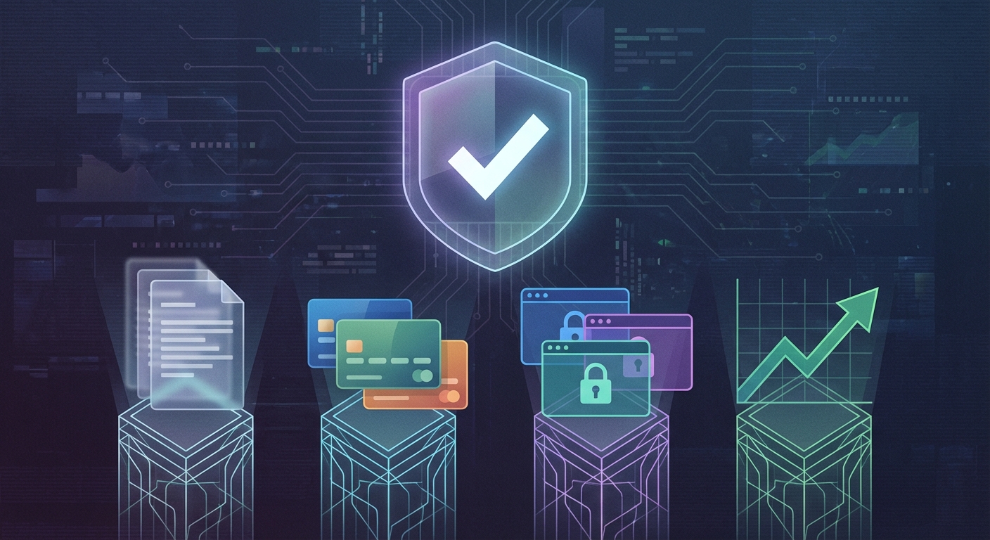 Illustration showing the four pillars of secure account verification: documents, payment methods, browser fingerprints, and gradual budget scaling.