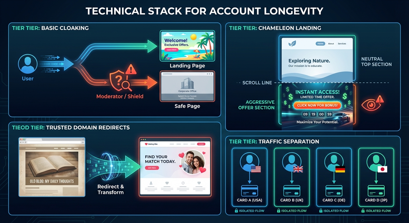 Architectural diagram illustrating four technical methods for increasing advertising account lifespan, from cloaking to traffic separation.