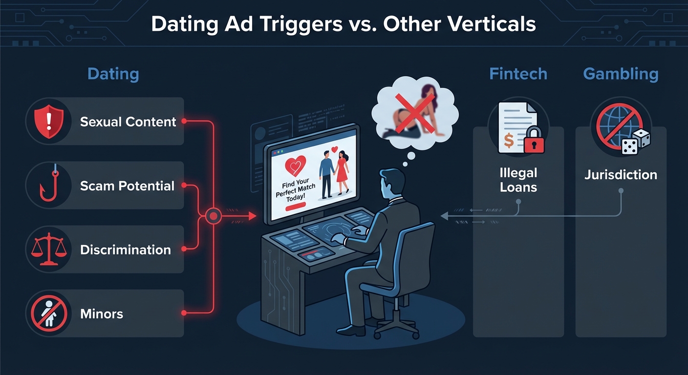 Diagram comparing moderation triggers for dating ads versus fintech and gambling verticals.